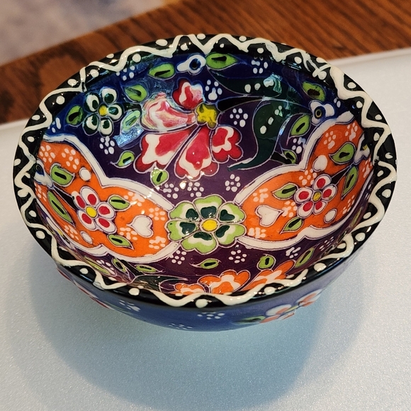 Hand Painted Embossed Ceramic Small Bowl Turkish Style Floral Bright Ring Dish - Picture 3 of 7